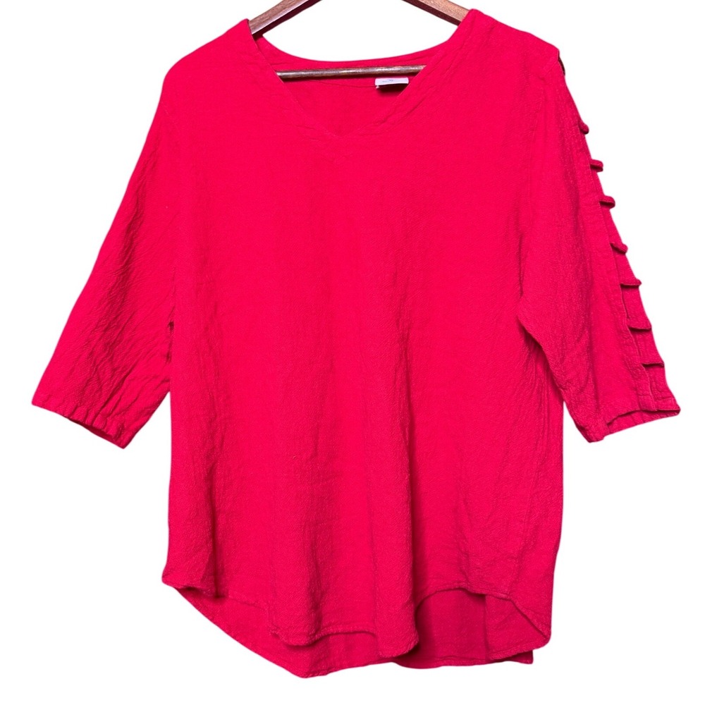 Sea Breeze of California Women XL Red Textured Cotton V-Neck Top Ladder Sleeve
